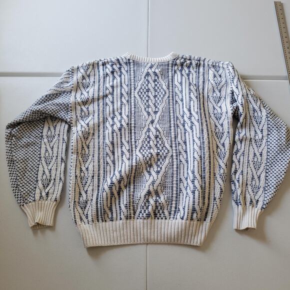 Vintage Janzen Sweater Mens Medium White Blue 3D Knit Crewneck Geometric 80s - Picture 2 of 6